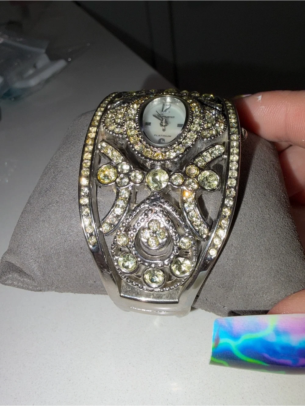 Stunning Geneva green, yellow and white Crystal Cuff Watch